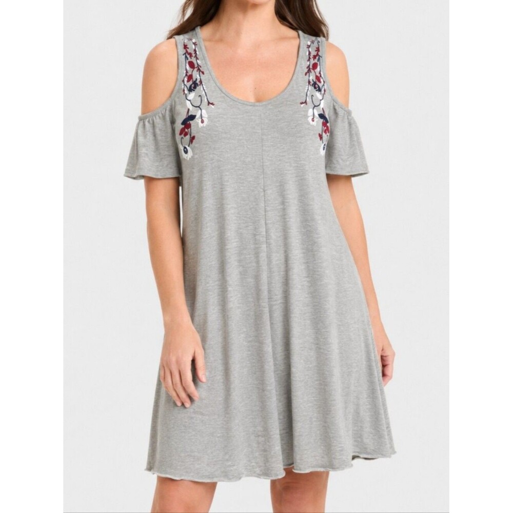 Sonoma Gray Embroidered Cold Shoulder Swing Dress L